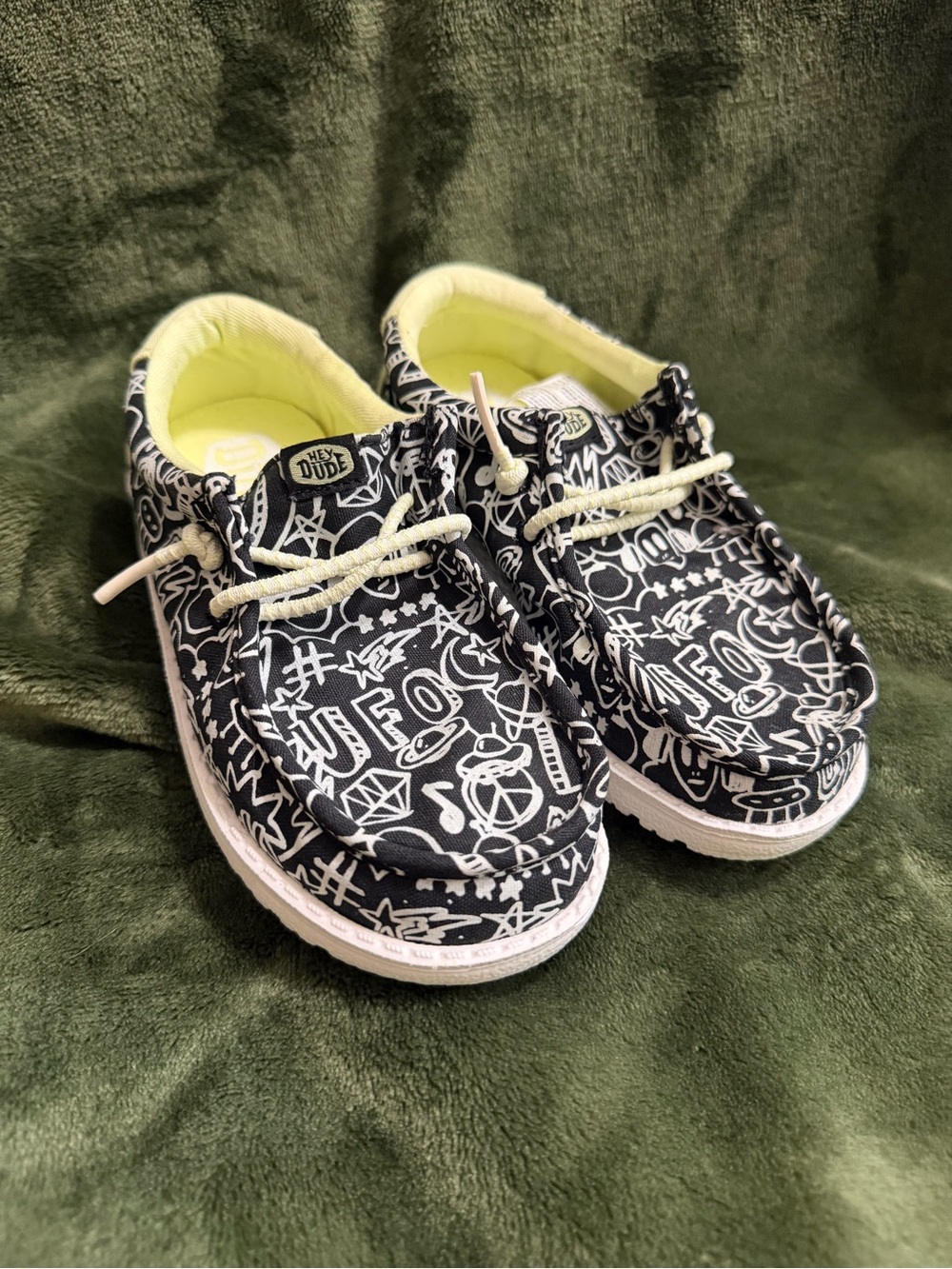 Hey Dude Kids Black & White Graphic Sneakers with Lime Lining